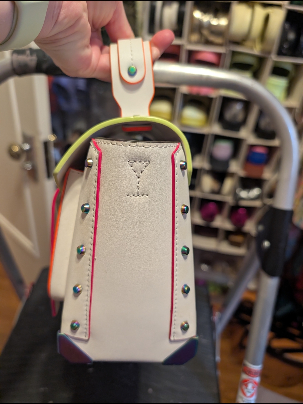 Michael Kors Manhattan Structed Satchel, White with Neon Trim - Picture 3 of 12